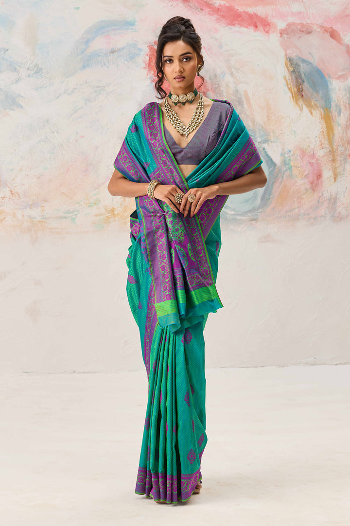 Sea Green Kanjivaram Style Silk Weaving Saree For Function Wear