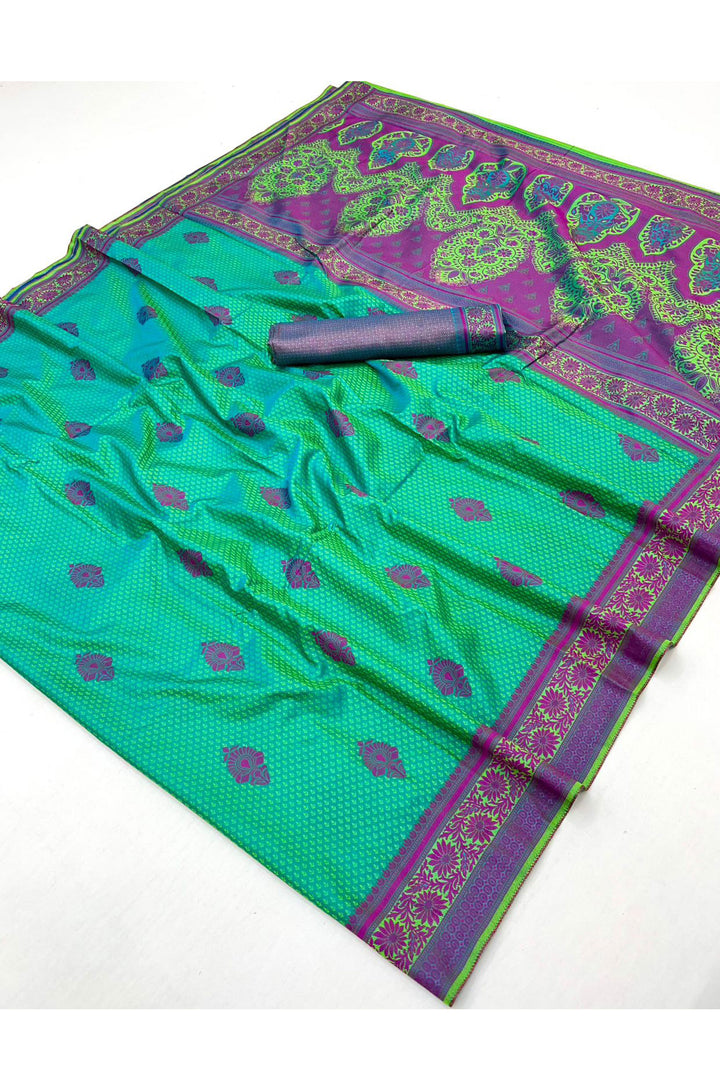 Sea Green Kanjivaram Style Silk Weaving Saree For Function Wear