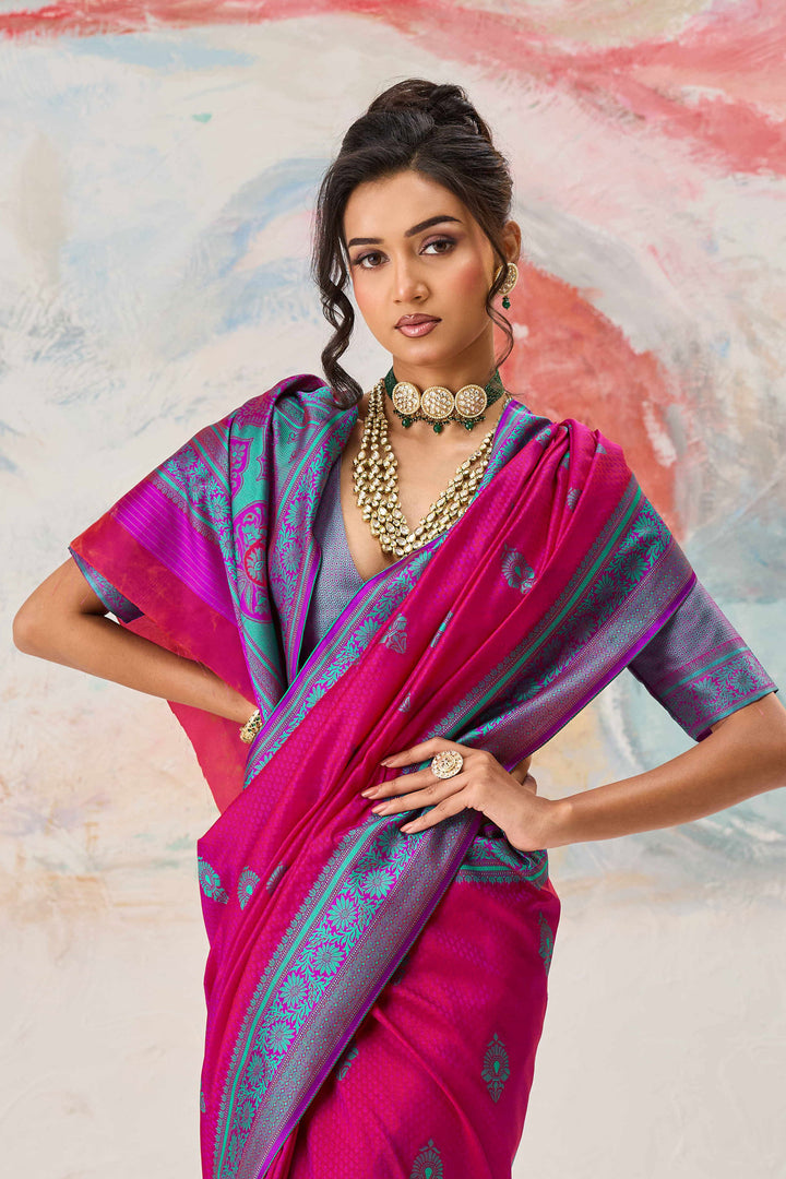 Function Wear Kanjivaram Style Silk Weaving Saree In Rani Color