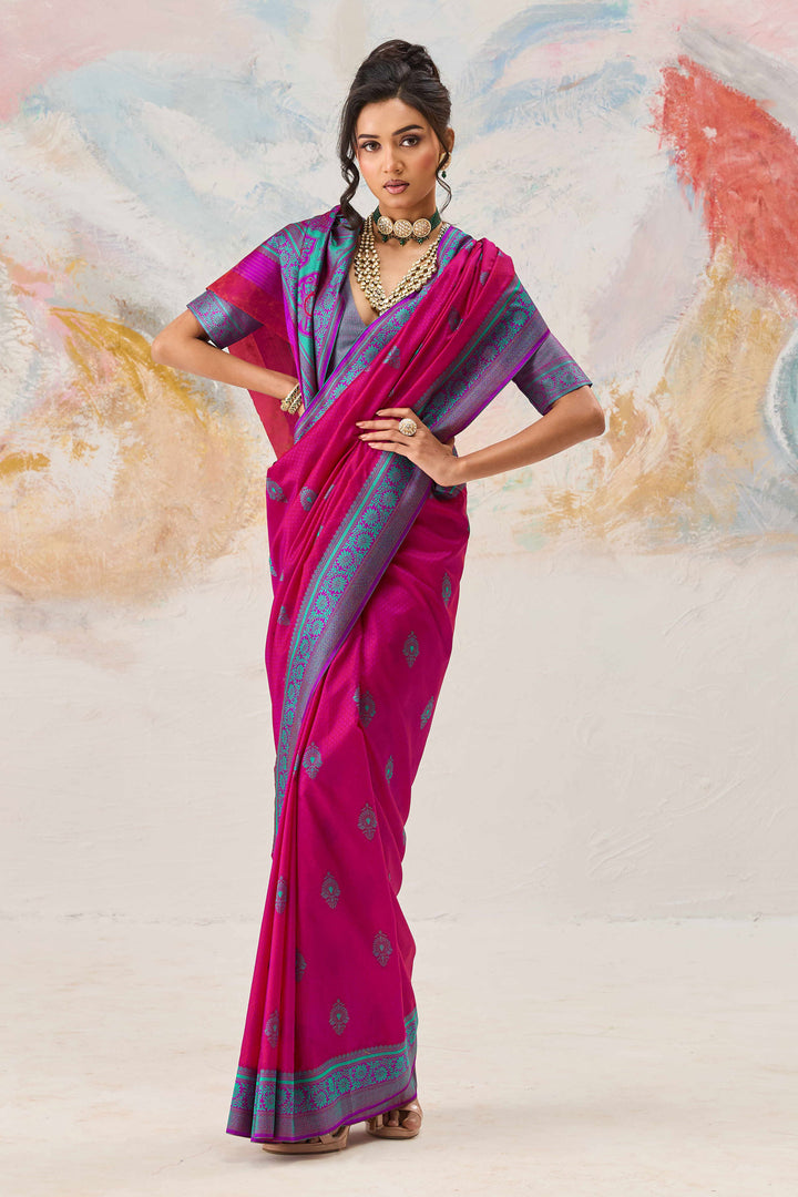 Function Wear Kanjivaram Style Silk Weaving Saree In Rani Color