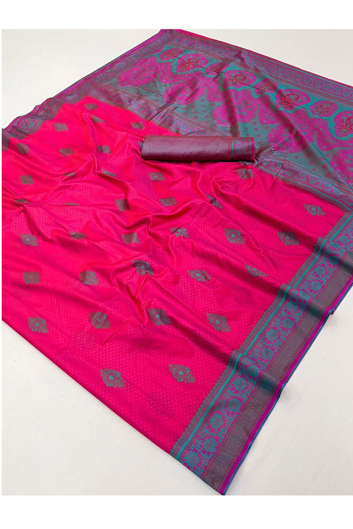 Function Wear Kanjivaram Style Silk Weaving Saree In Rani Color