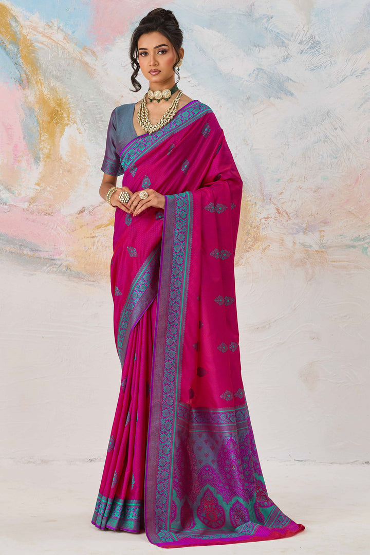 Function Wear Kanjivaram Style Silk Weaving Saree In Rani Color