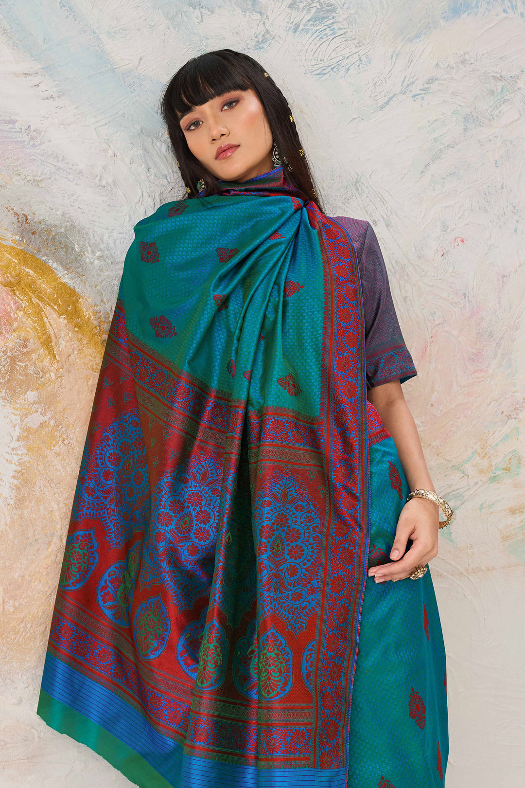 Kanjivaram Style Silk Weaving Saree In Teal Color