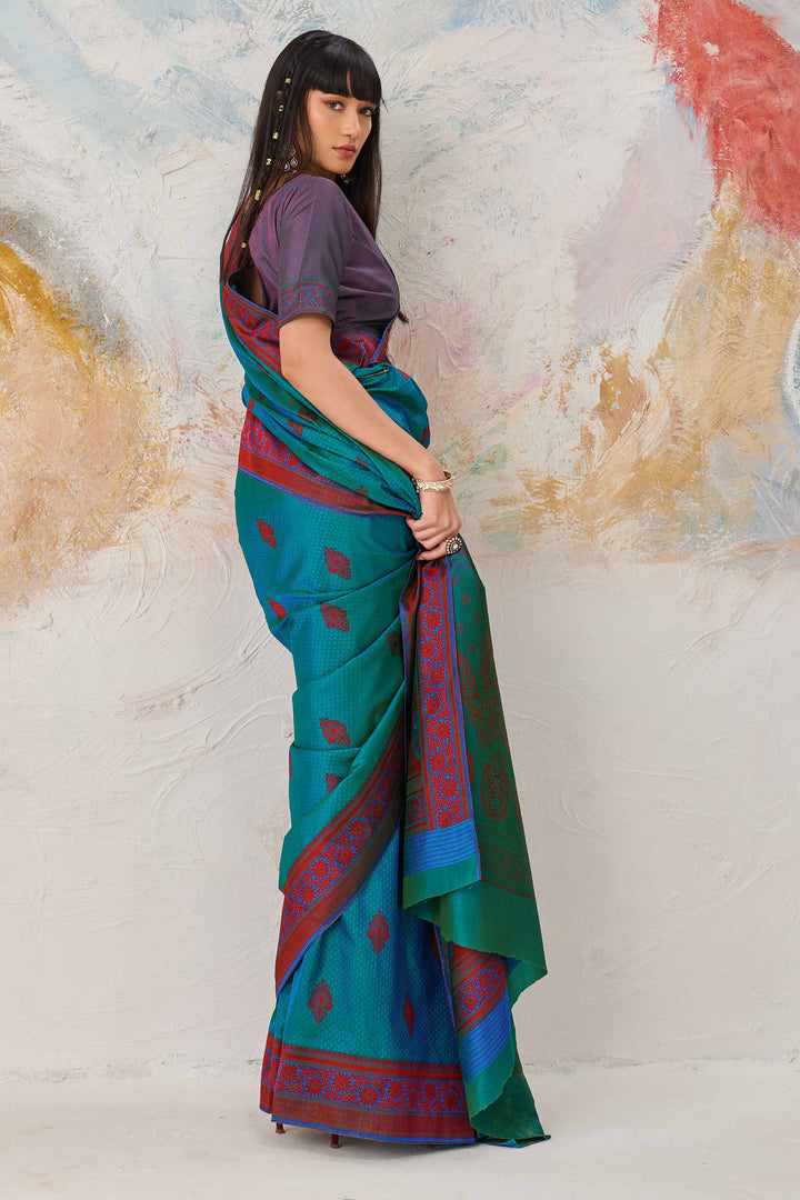 Kanjivaram Style Silk Weaving Saree In Teal Color