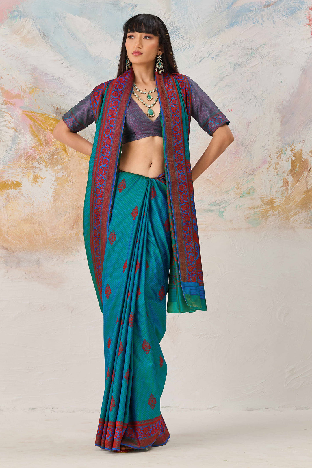 Kanjivaram Style Silk Weaving Saree In Teal Color