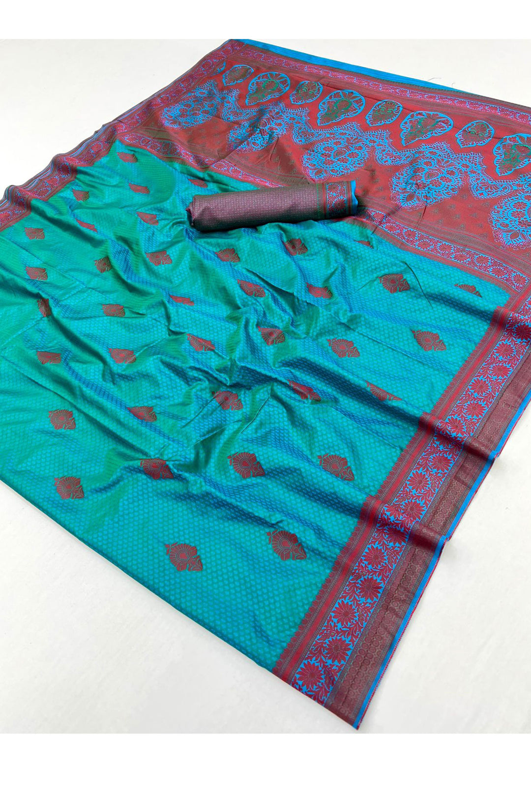 Kanjivaram Style Silk Weaving Saree In Teal Color