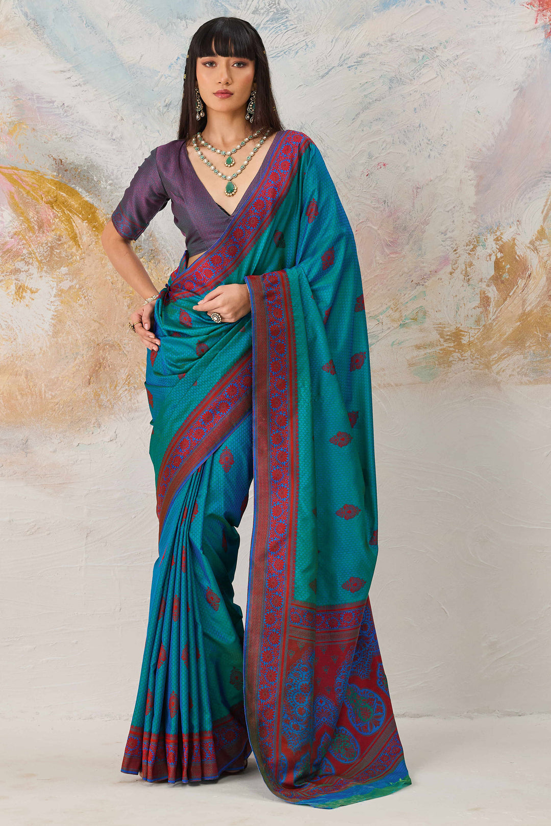 Kanjivaram Style Silk Weaving Saree In Teal Color