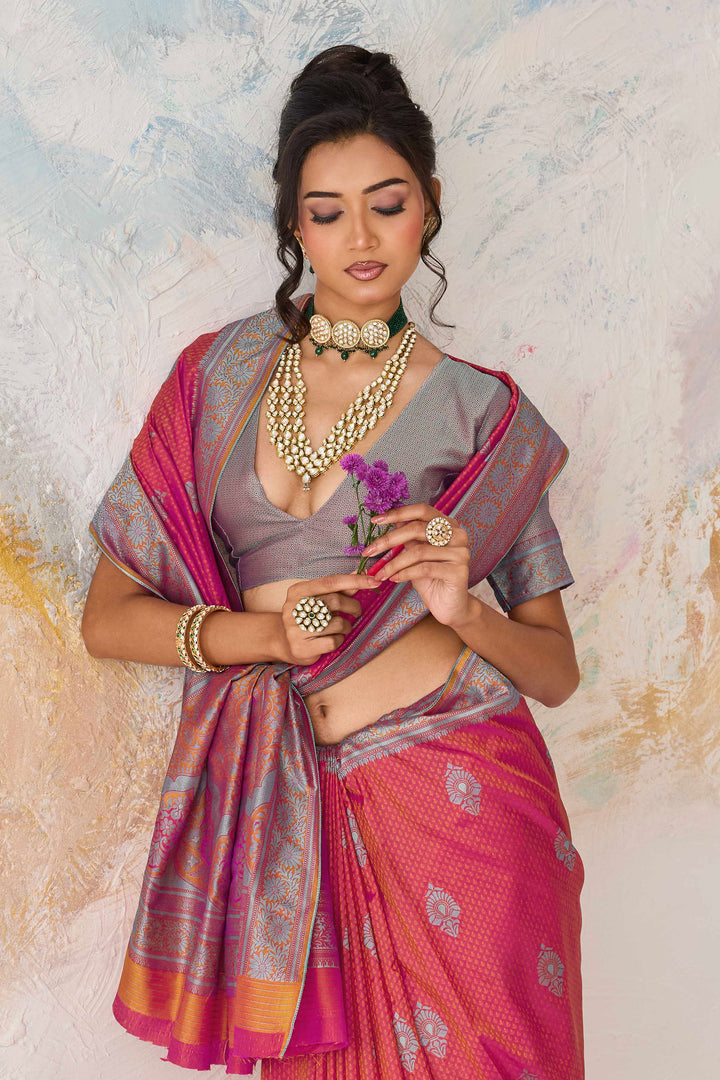 Kanjivaram Style Silk Weaving Saree In Pink Color