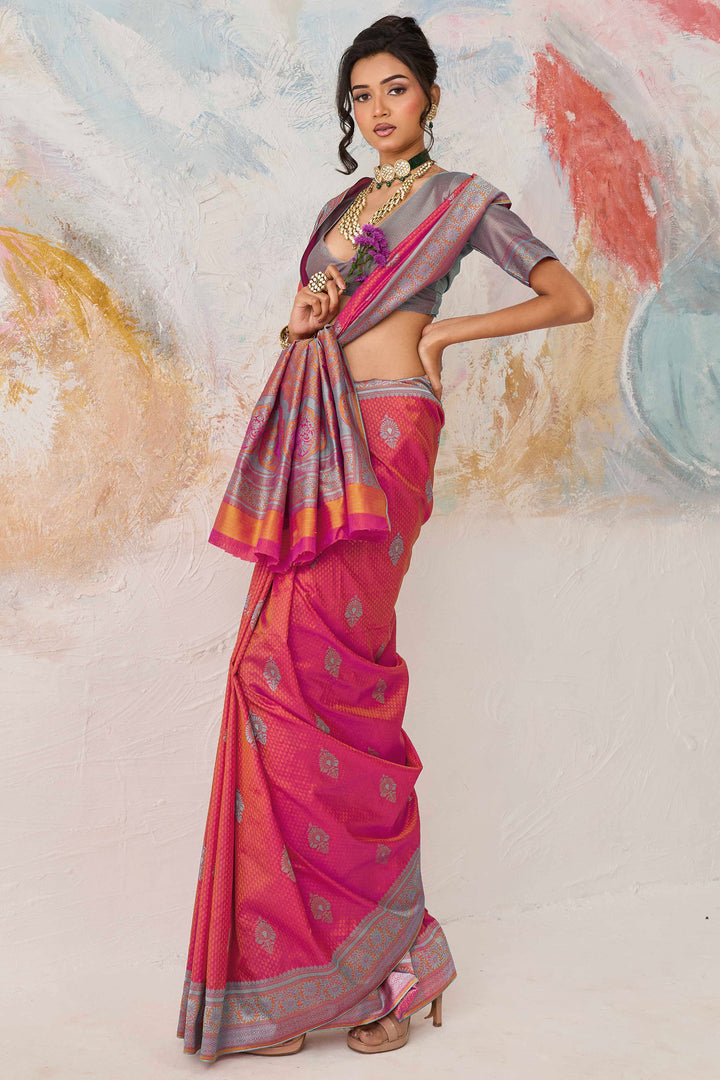 Kanjivaram Style Silk Weaving Saree In Pink Color