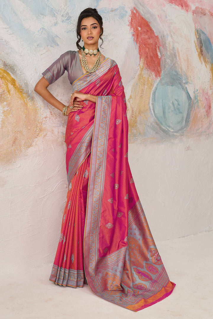 Kanjivaram Style Silk Weaving Saree In Pink Color