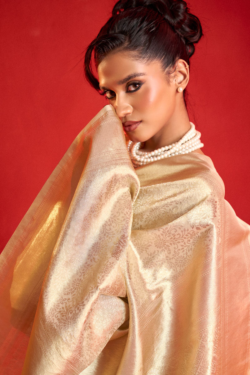 Weaving Work Beige Color Kanjeepuram Tissue Silk Saree