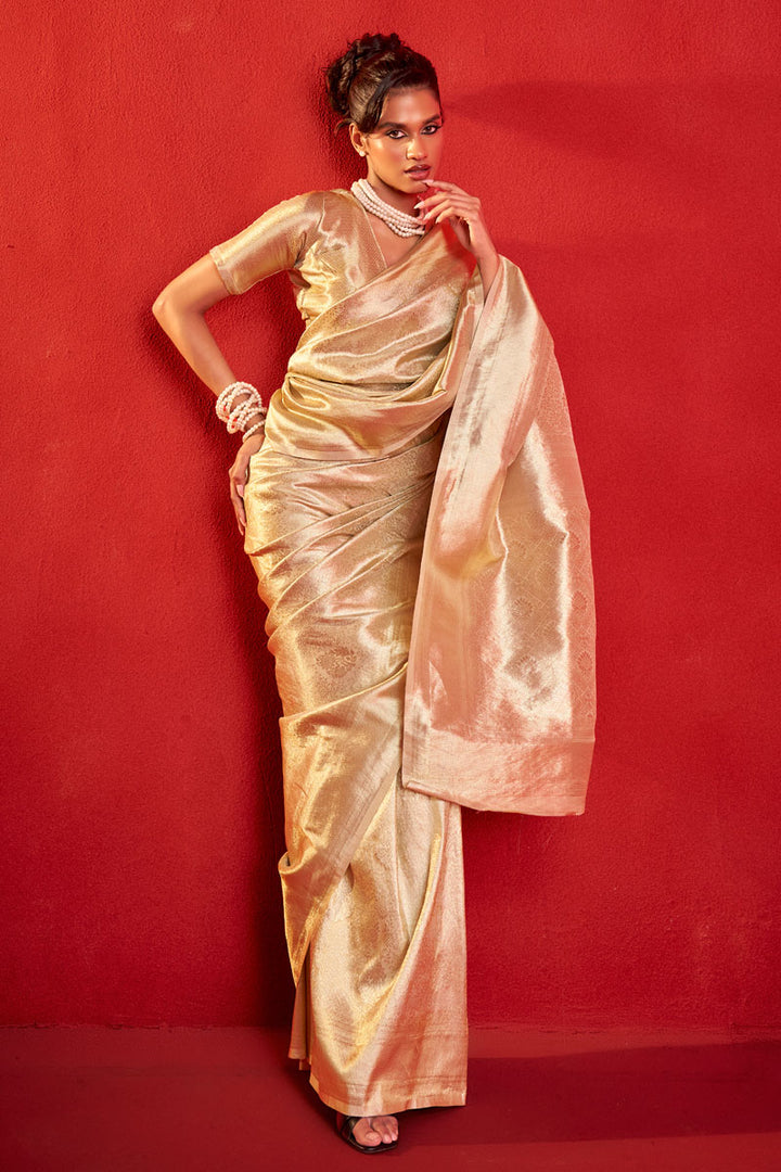 Weaving Work Beige Color Kanjeepuram Tissue Silk Saree