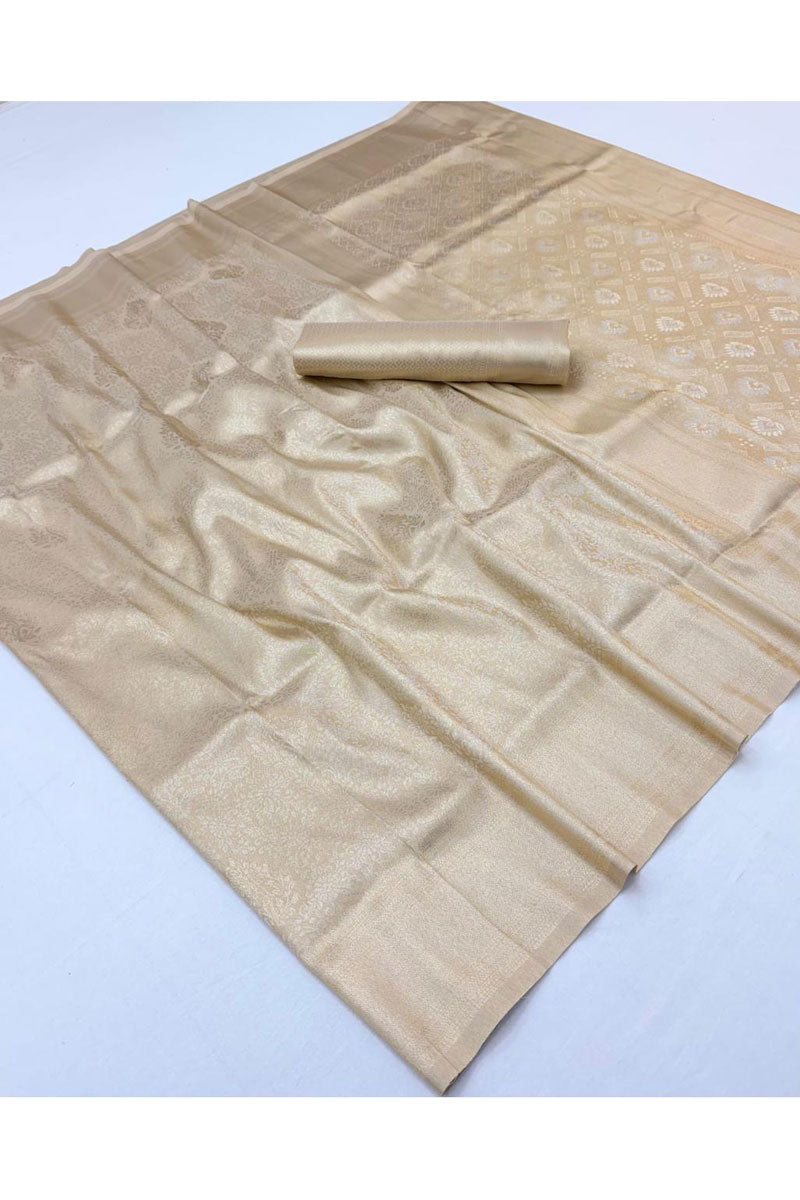 Weaving Work Beige Color Kanjeepuram Tissue Silk Saree