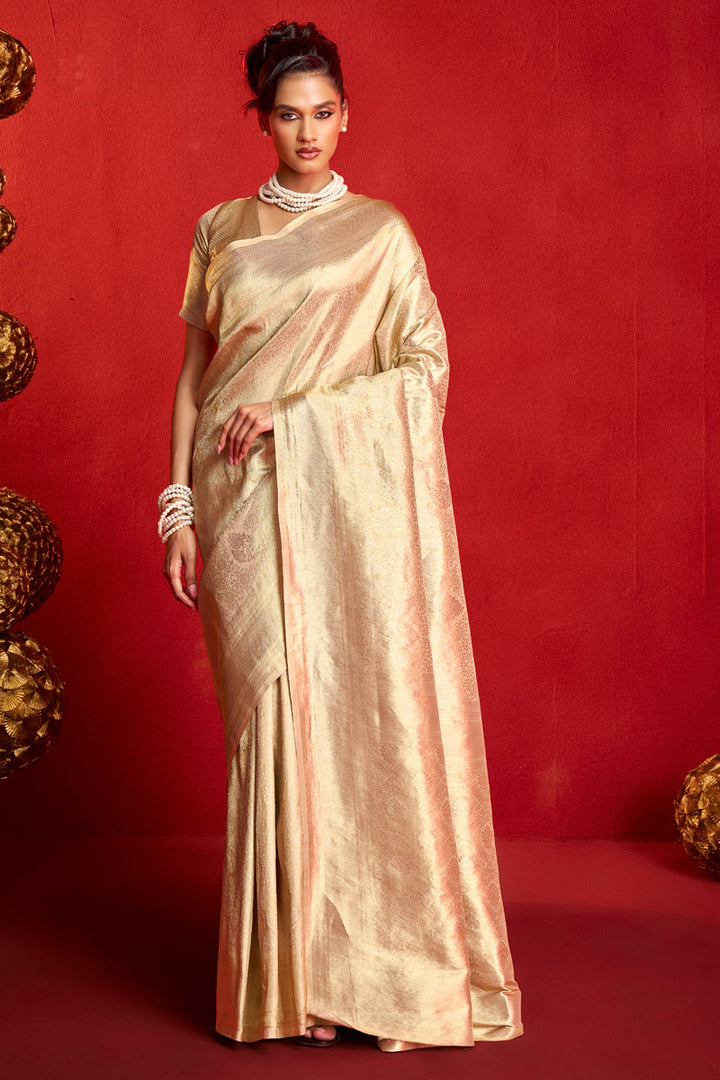 Weaving Work Beige Color Kanjeepuram Tissue Silk Saree
