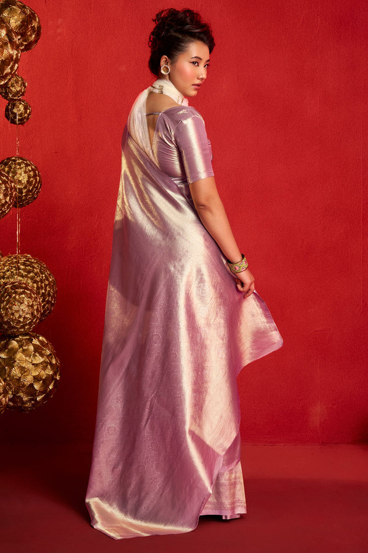 Weaving Work Kanjeepuram Tissue Silk Saree In Lavender Color