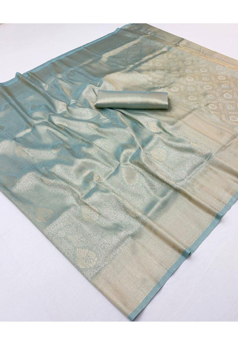 Light Cyan Weaving Work Kanjeepuram Tissue Silk Saree For Function