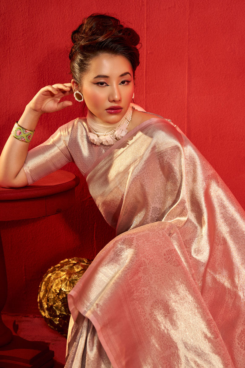 Weaving Work Kanjeepuram Tissue Silk Saree In Peach Color