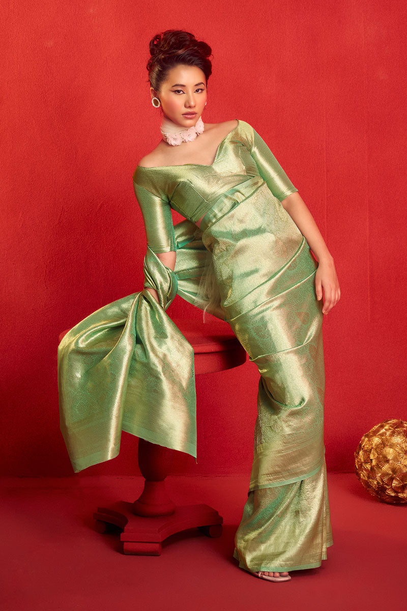 Green Weaving Work Kanjeepuram Tissue Silk Saree For Function