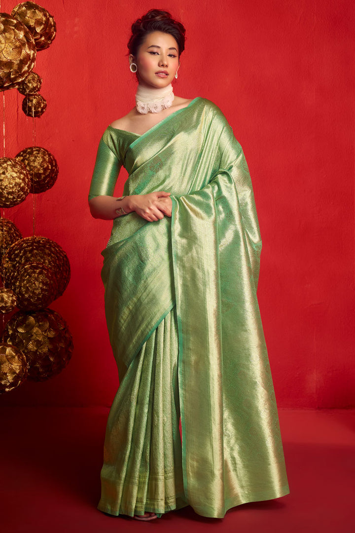 Green Weaving Work Kanjeepuram Tissue Silk Saree For Function