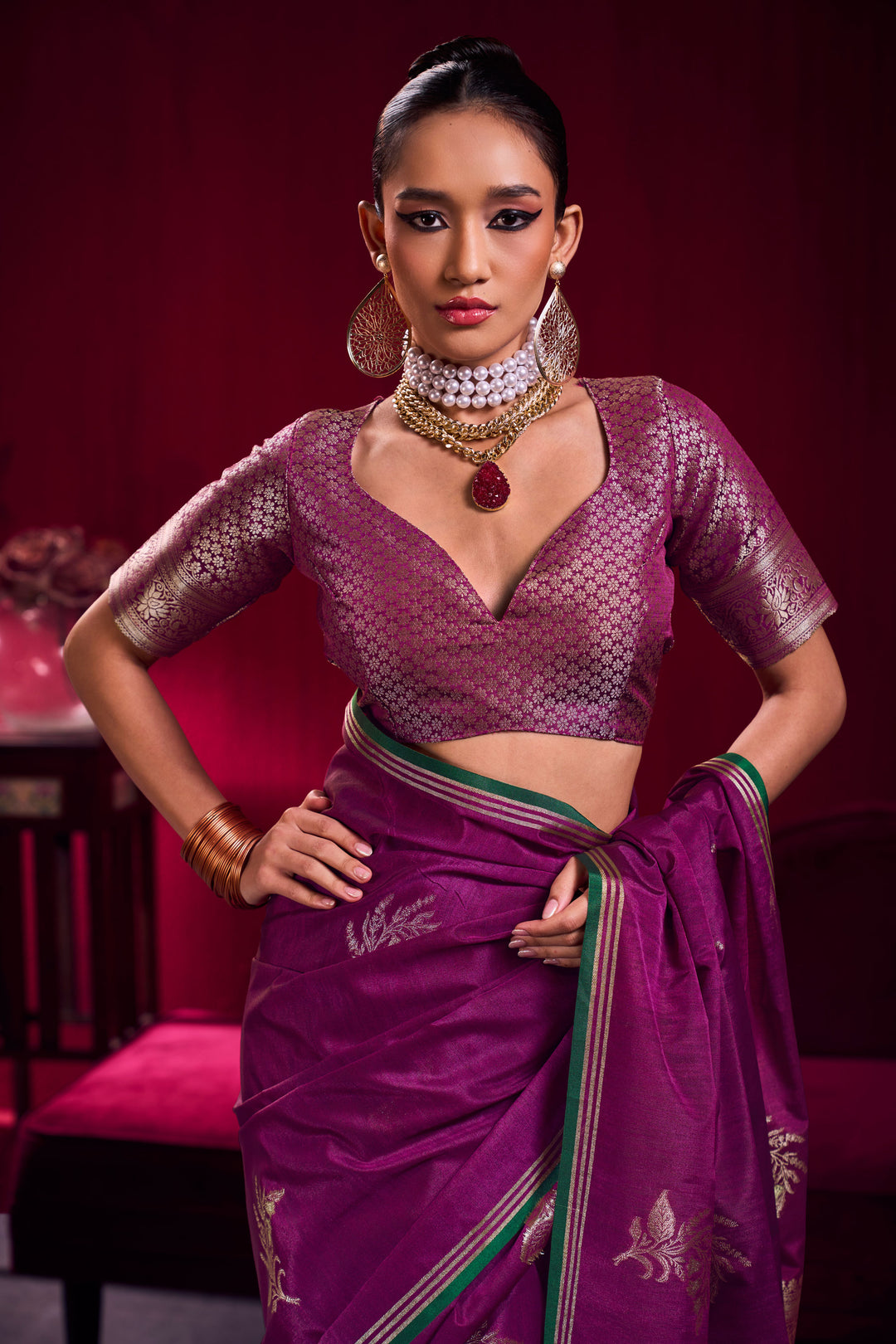 Purple Satin Linen Handloom Weaving Work Saree