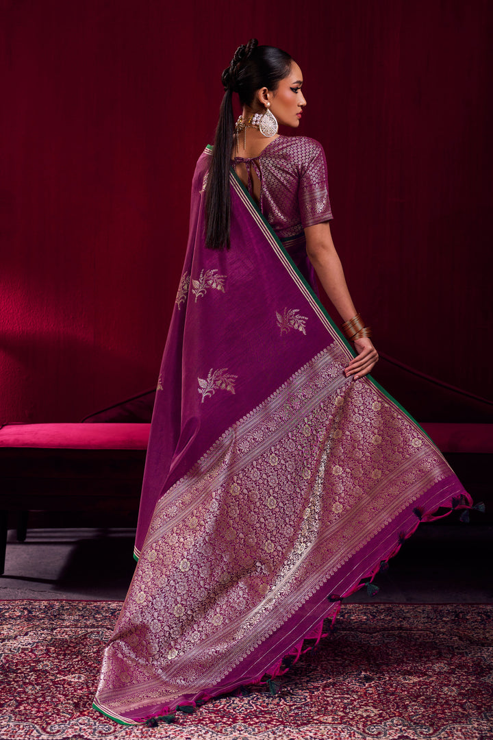 Purple Satin Linen Handloom Weaving Work Saree