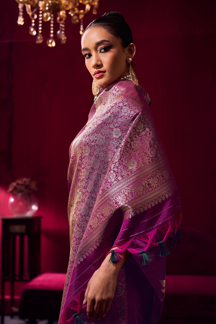 Purple Satin Linen Handloom Weaving Work Saree