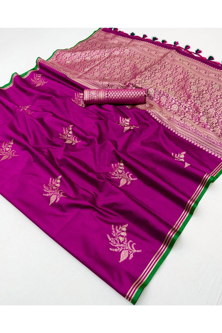 Purple Satin Linen Handloom Weaving Work Saree