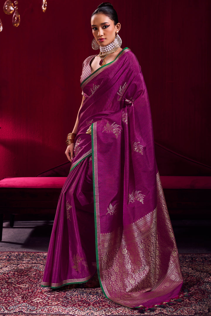 Purple Satin Linen Handloom Weaving Work Saree