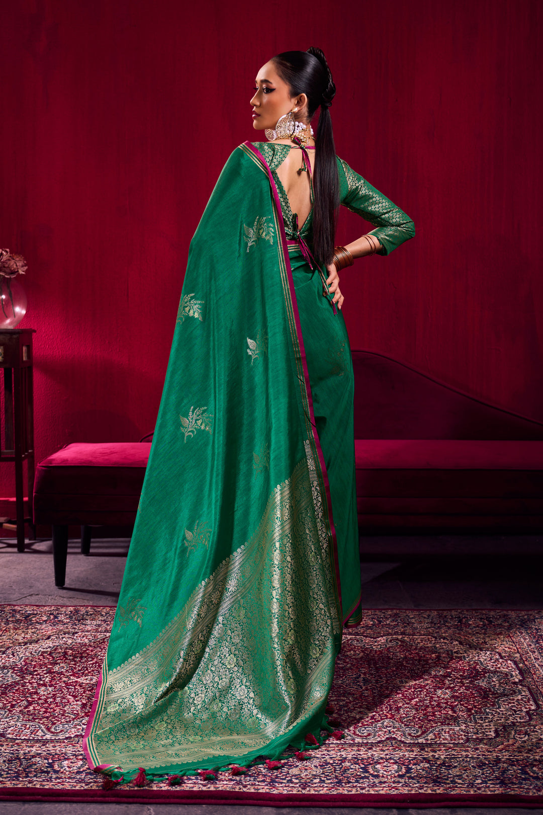 Satin Linen Handloom Weaving Work Saree In Green Color