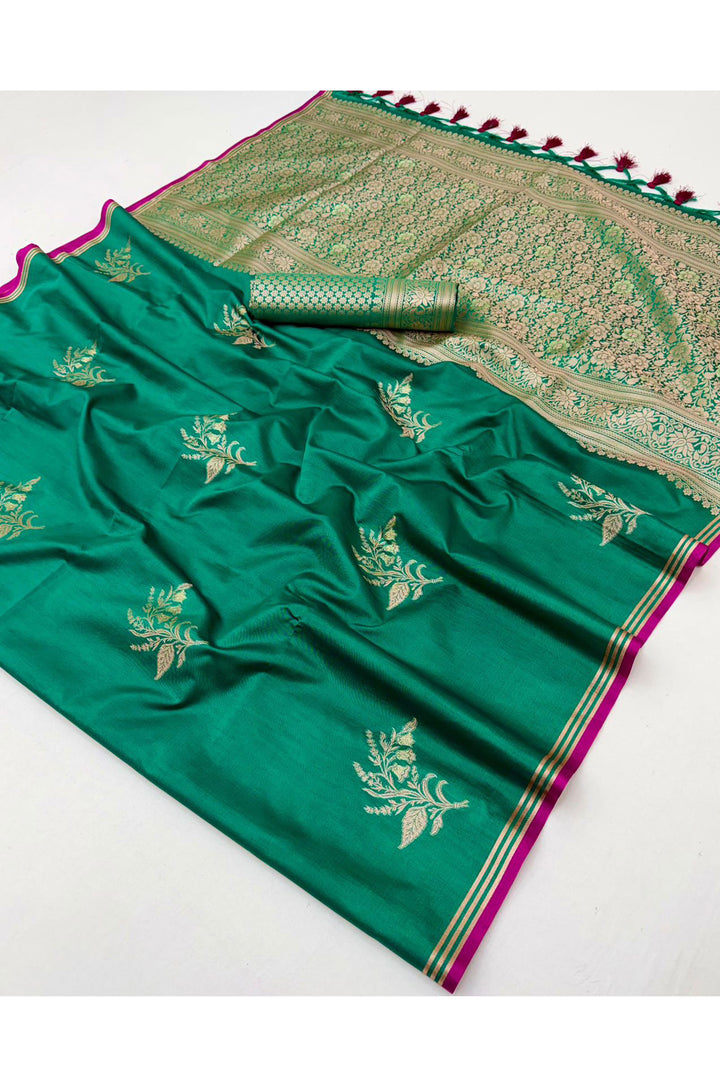 Satin Linen Handloom Weaving Work Saree In Green Color