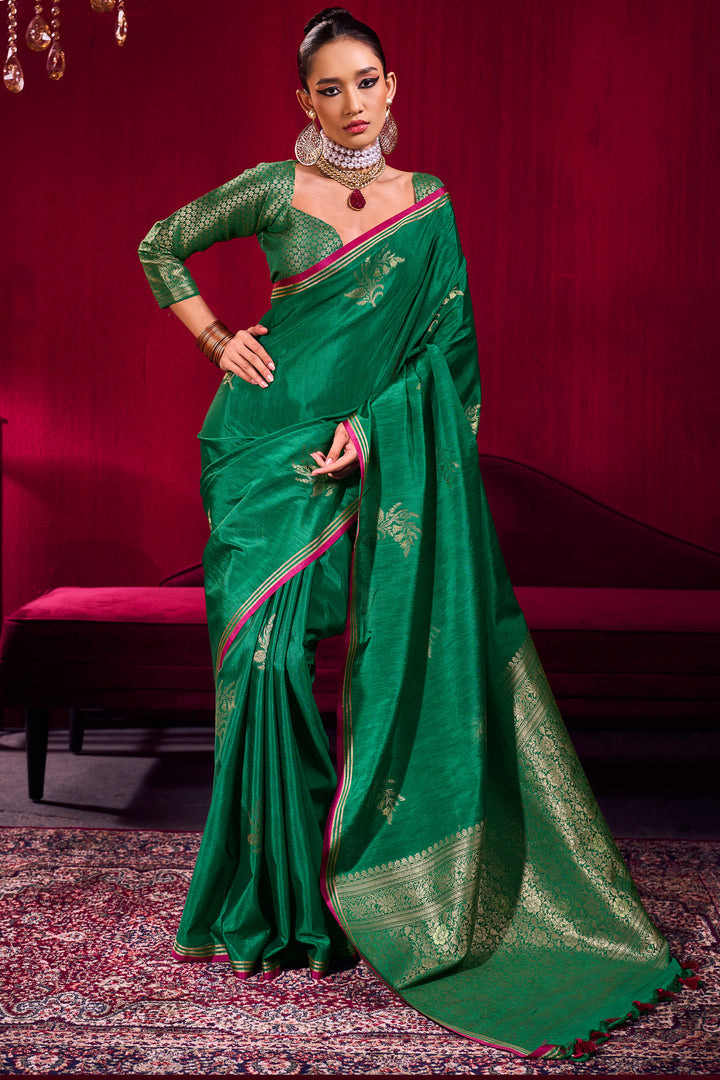 Satin Linen Handloom Weaving Work Saree In Green Color