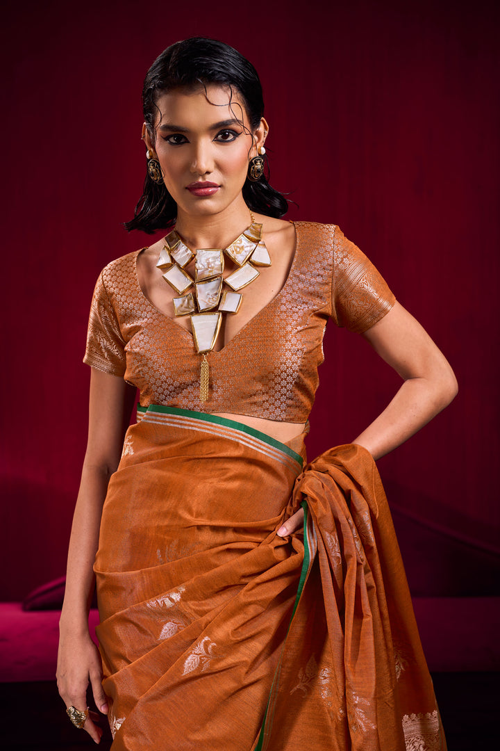 Orange Satin Linen Handloom Weaving Work Saree