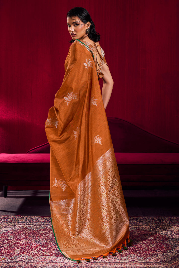 Orange Satin Linen Handloom Weaving Work Saree