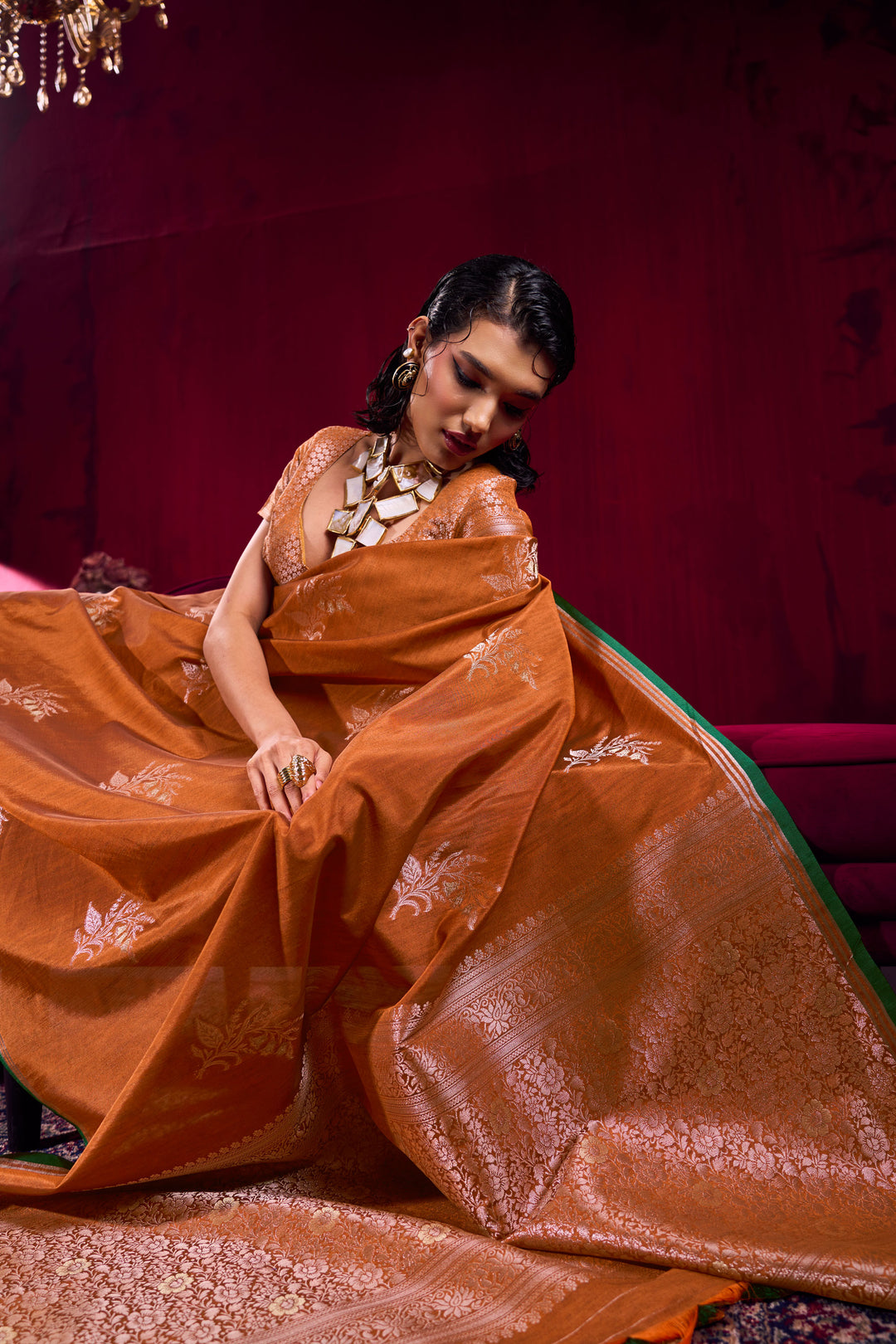 Orange Satin Linen Handloom Weaving Work Saree