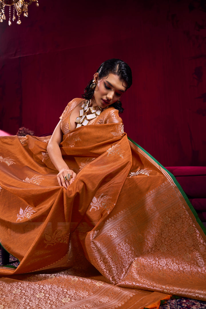 Orange Satin Linen Handloom Weaving Work Saree