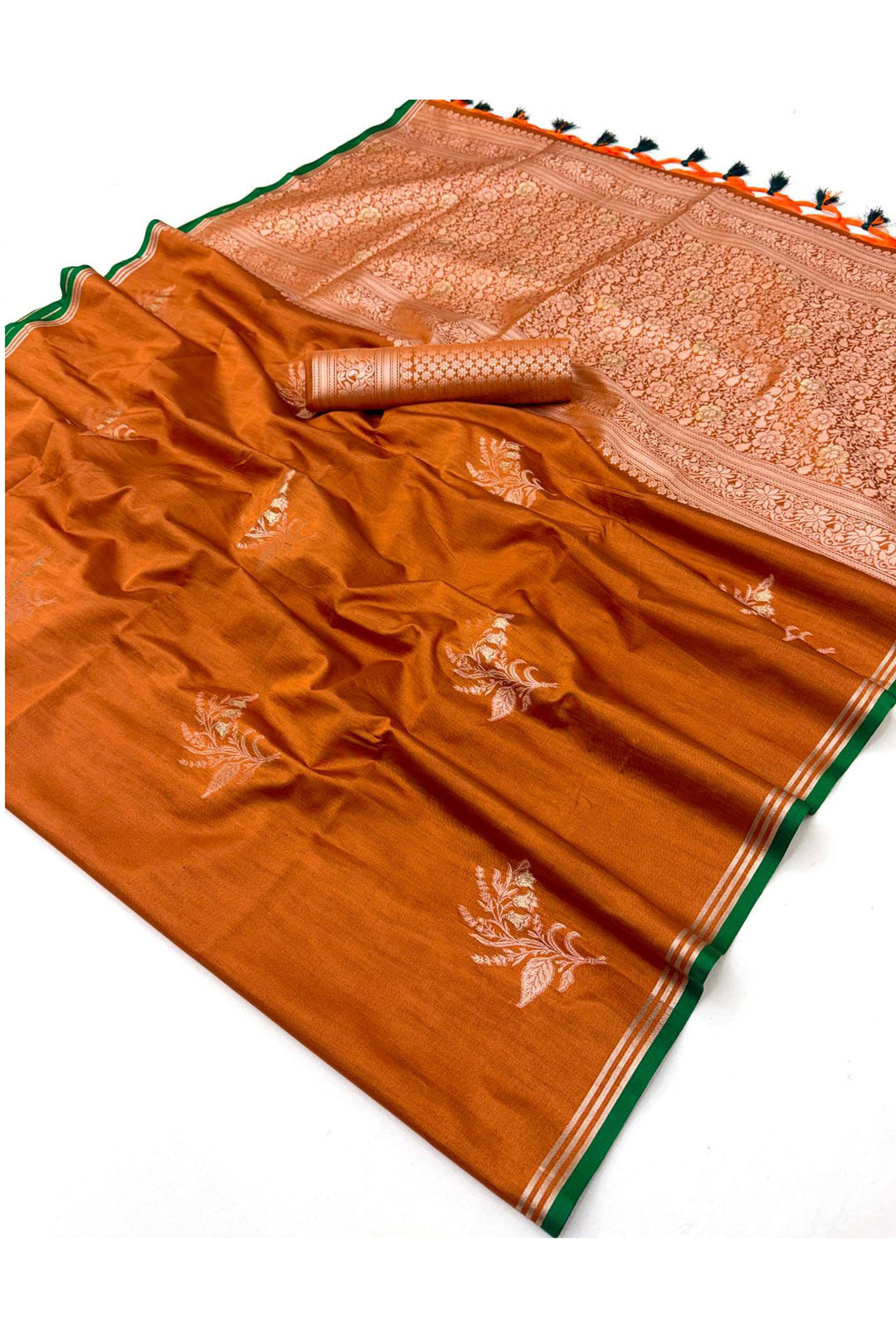 Orange Satin Linen Handloom Weaving Work Saree