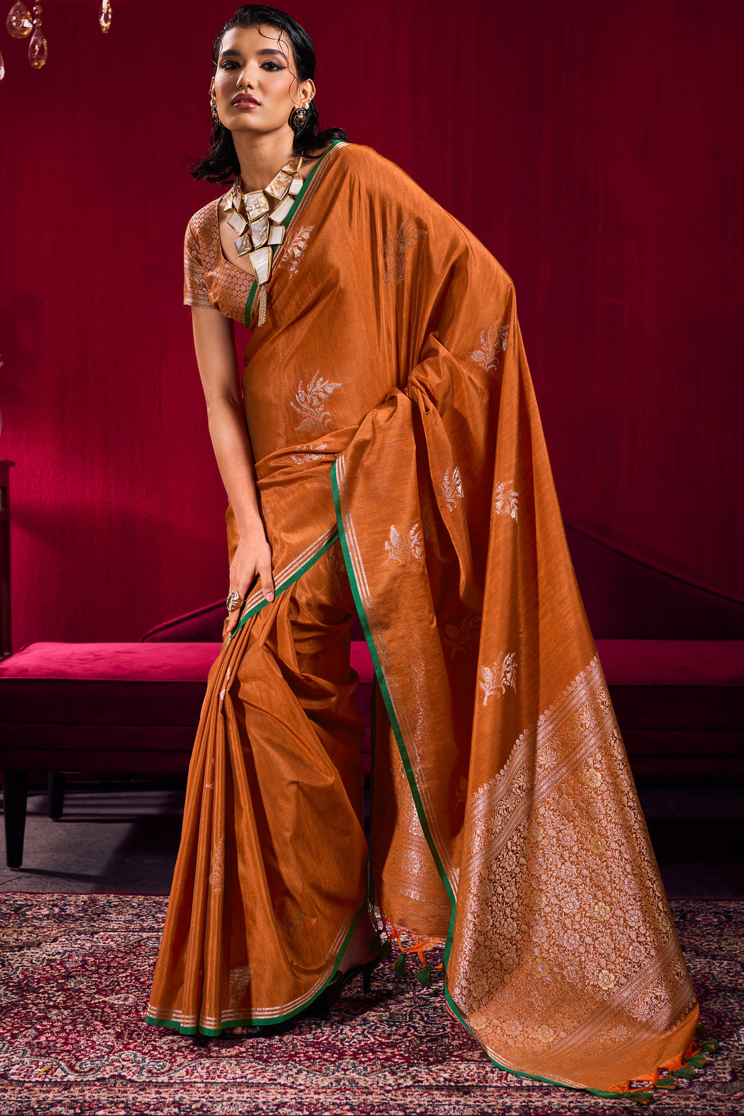 Orange Satin Linen Handloom Weaving Work Saree