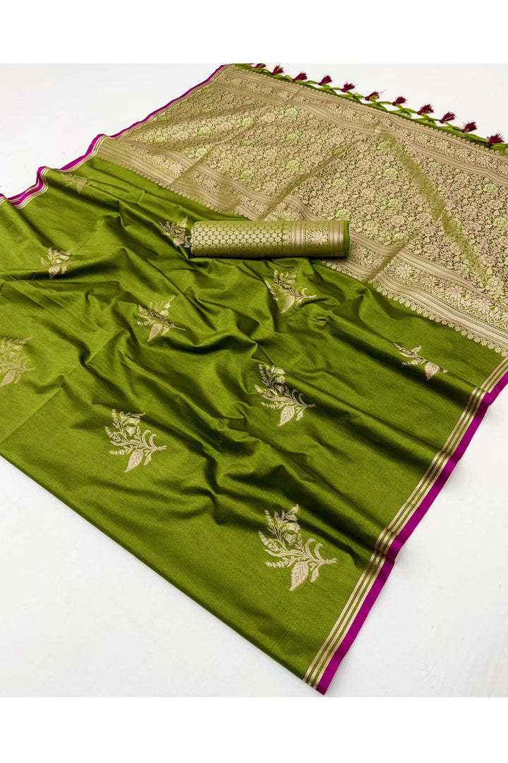 Satin Linen Green Handloom Weaving Work Saree
