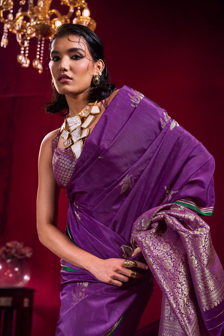Satin Linen Handloom Weaving Work Purple Saree