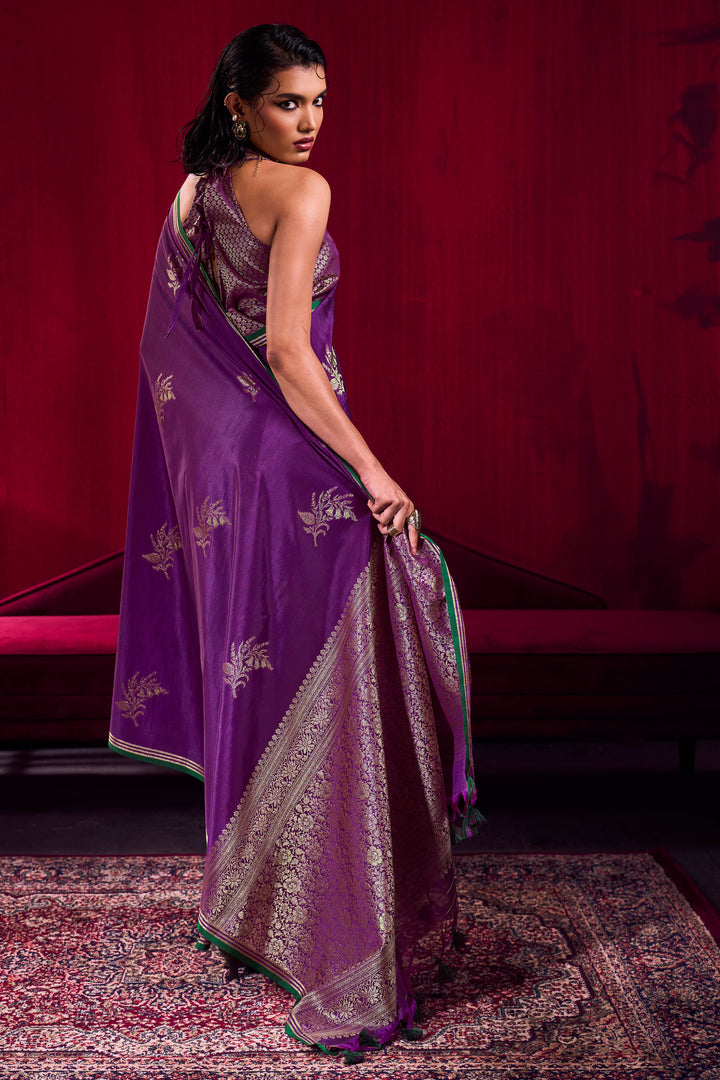 Satin Linen Handloom Weaving Work Purple Saree