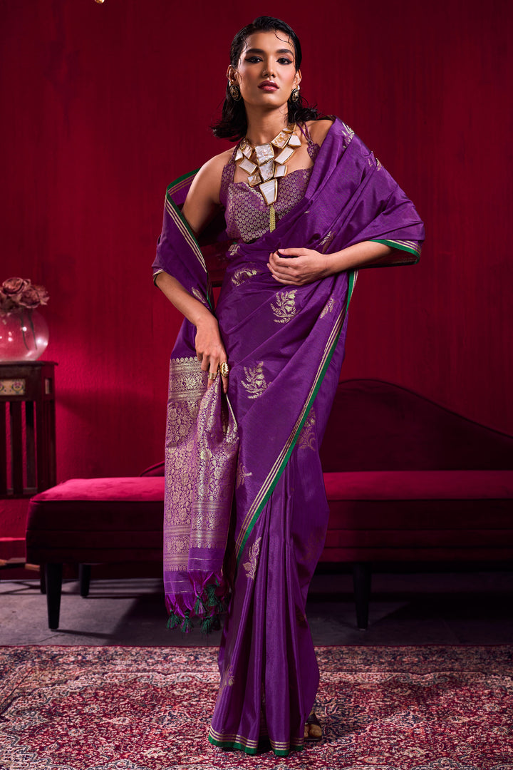 Satin Linen Handloom Weaving Work Purple Saree