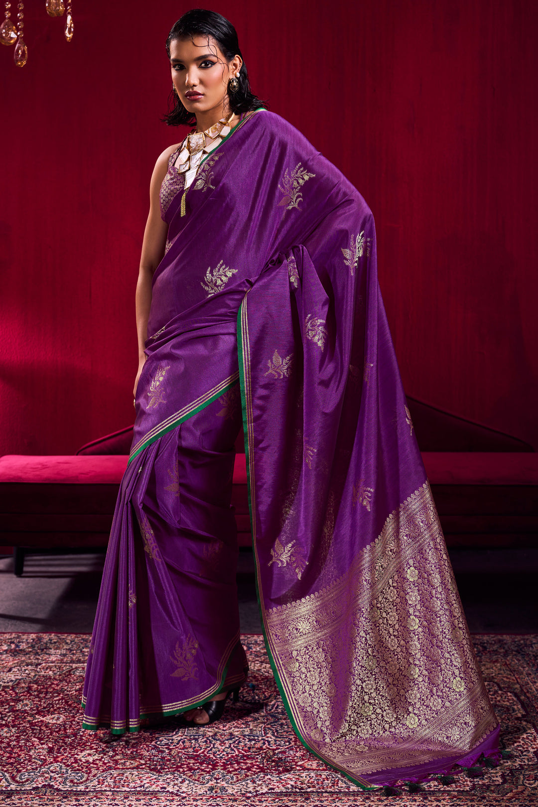 Satin Linen Handloom Weaving Work Purple Saree