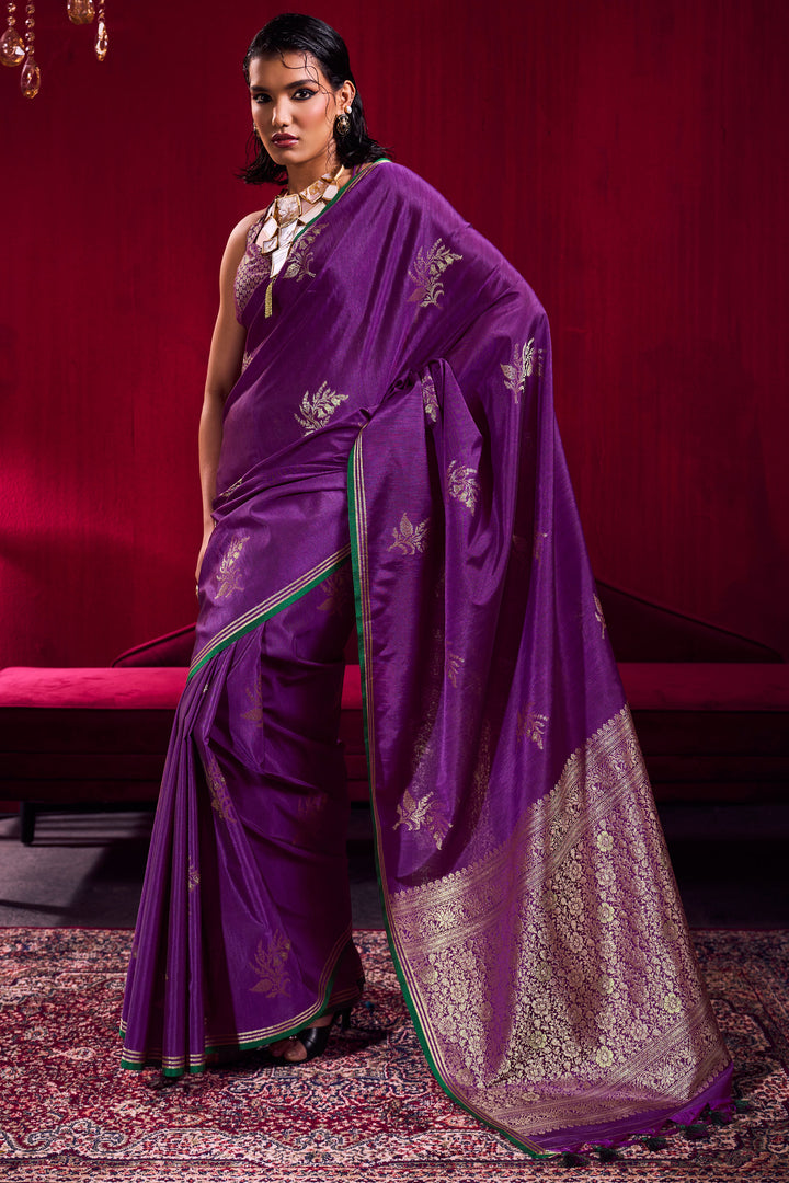 Satin Linen Handloom Weaving Work Purple Saree