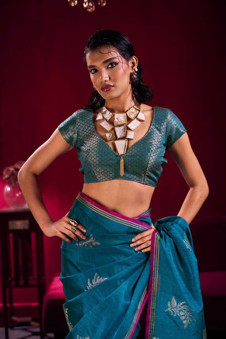 Cyan Color Satin Linen Fancy Handloom Weaving Work Saree