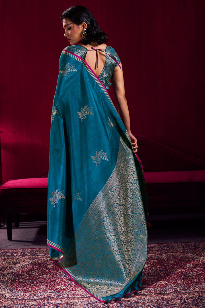 Cyan Color Satin Linen Fancy Handloom Weaving Work Saree