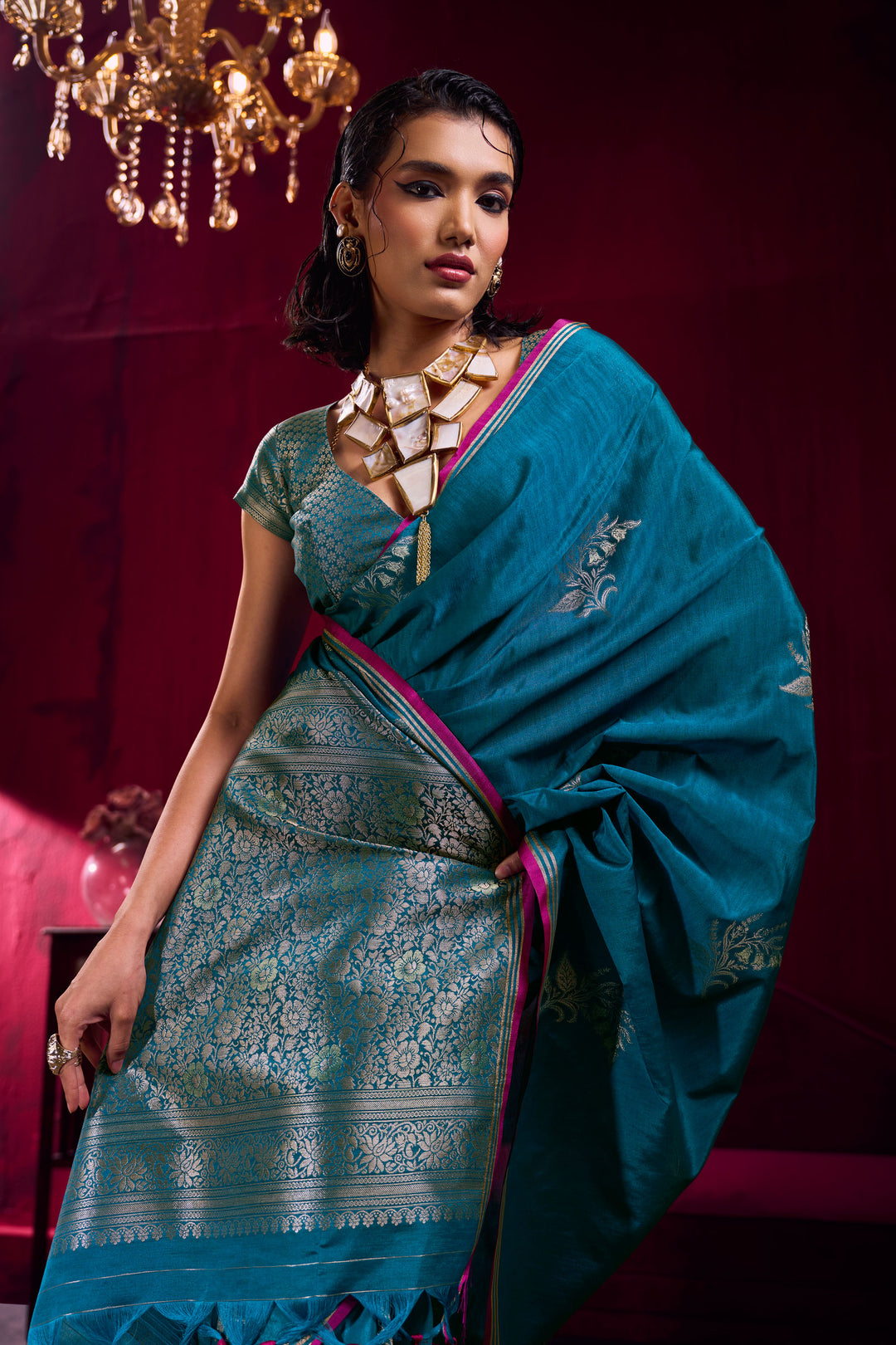 Cyan Color Satin Linen Fancy Handloom Weaving Work Saree