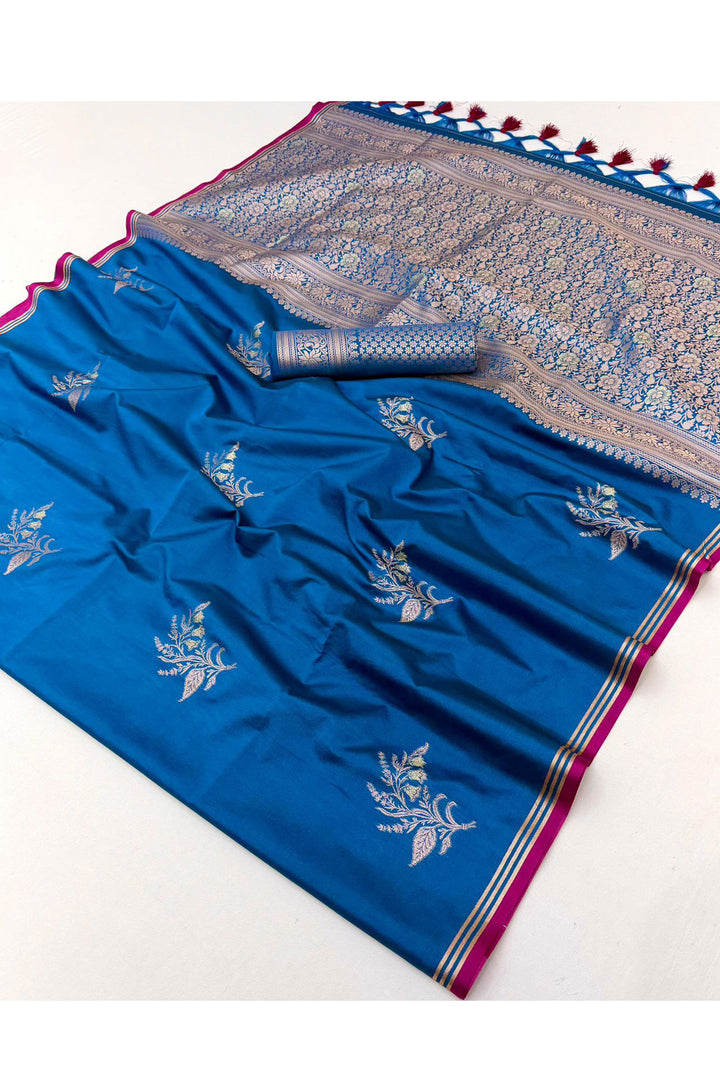 Cyan Color Satin Linen Fancy Handloom Weaving Work Saree