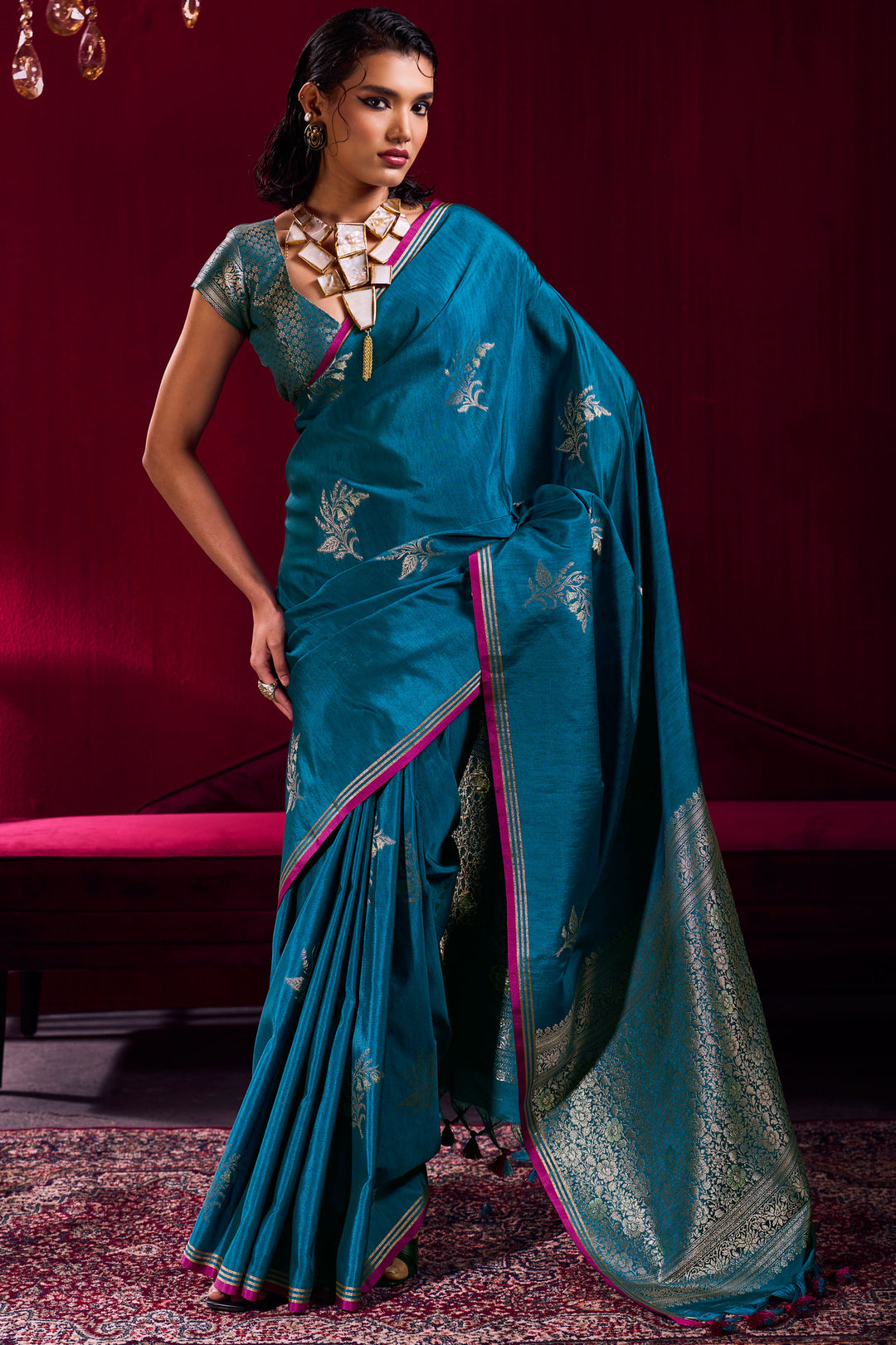 Cyan Color Satin Linen Fancy Handloom Weaving Work Saree