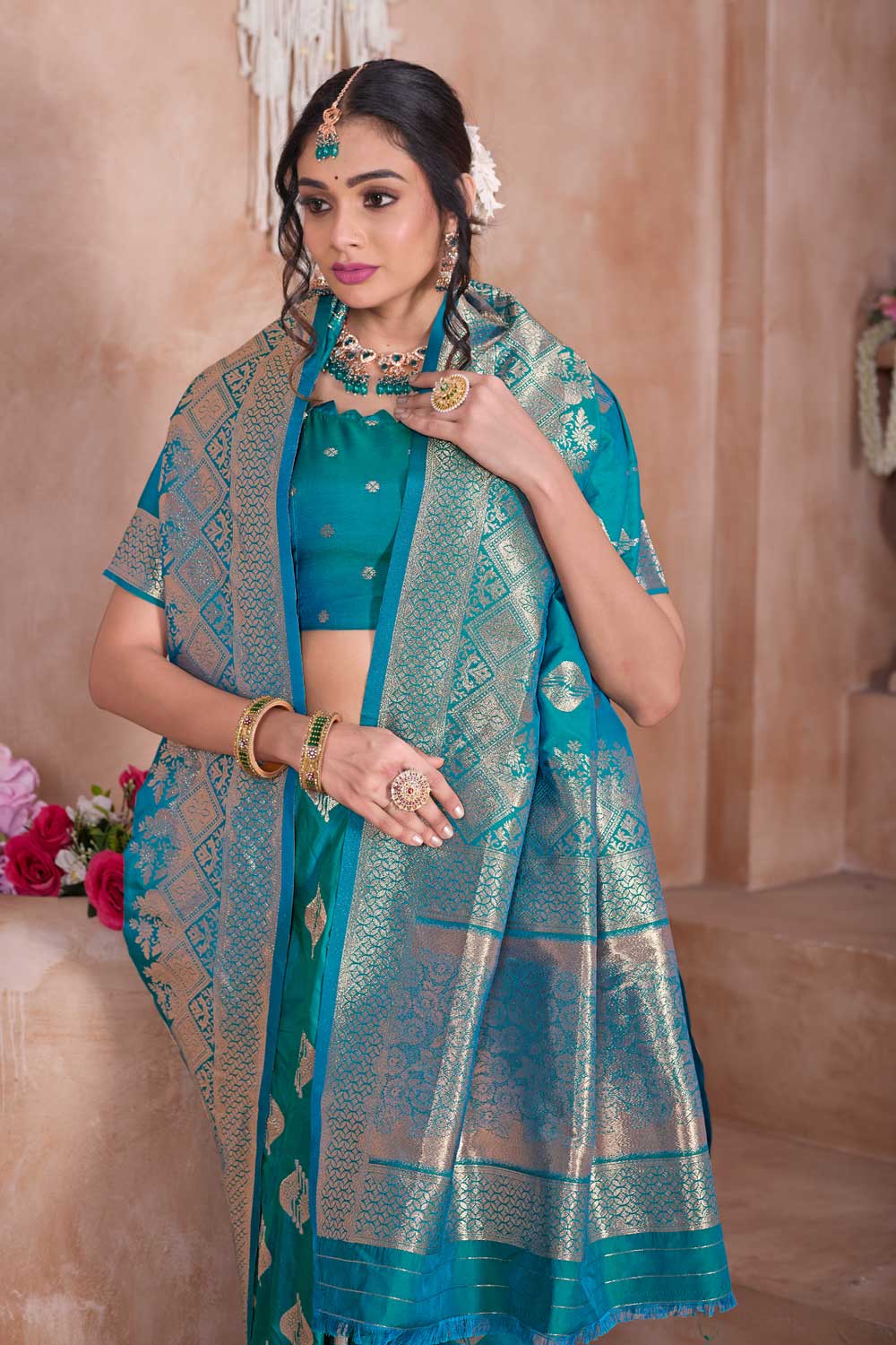 Dazzling Cyan Color Weaving Banarasi Jari Silk Saree | Buy Online India