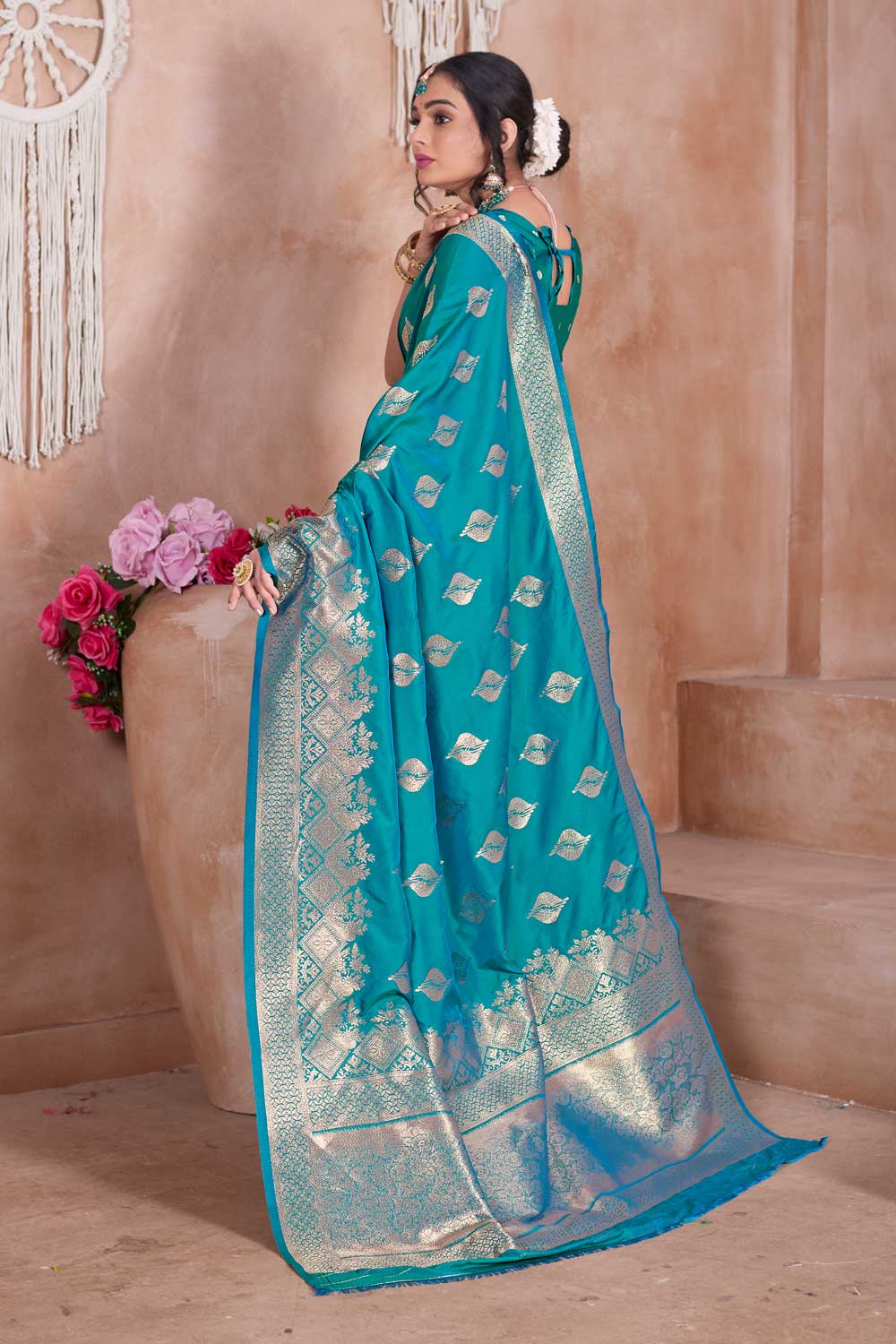Dazzling Cyan Color Weaving Banarasi Jari Silk Saree | Buy Online India